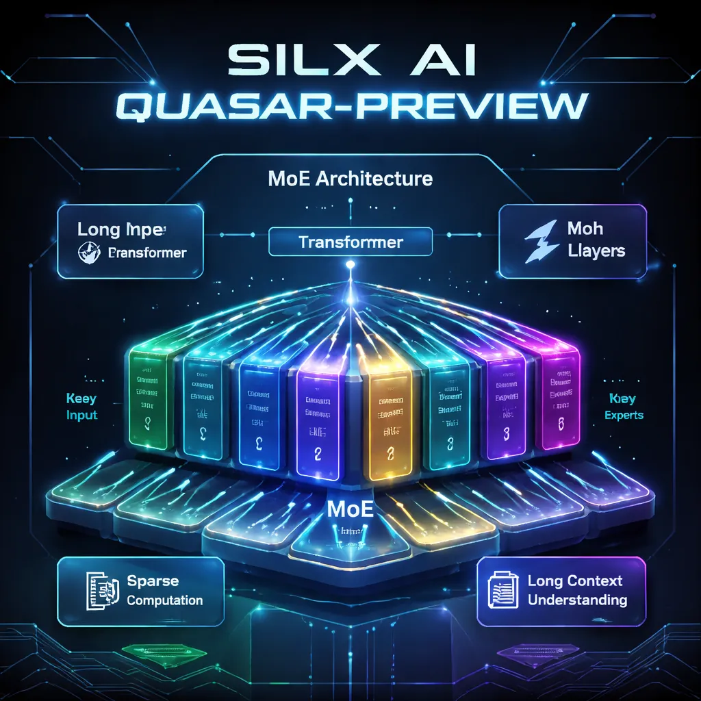 SILX AI Quasar-Preview 模型架构图,突出 MoE 结构和长上下文处理能力