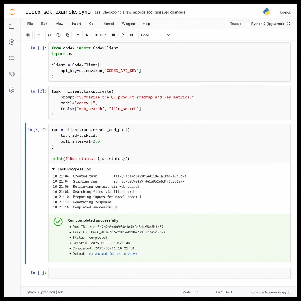 Codex Python SDK 在 Jupyter 中执行任务的截图
