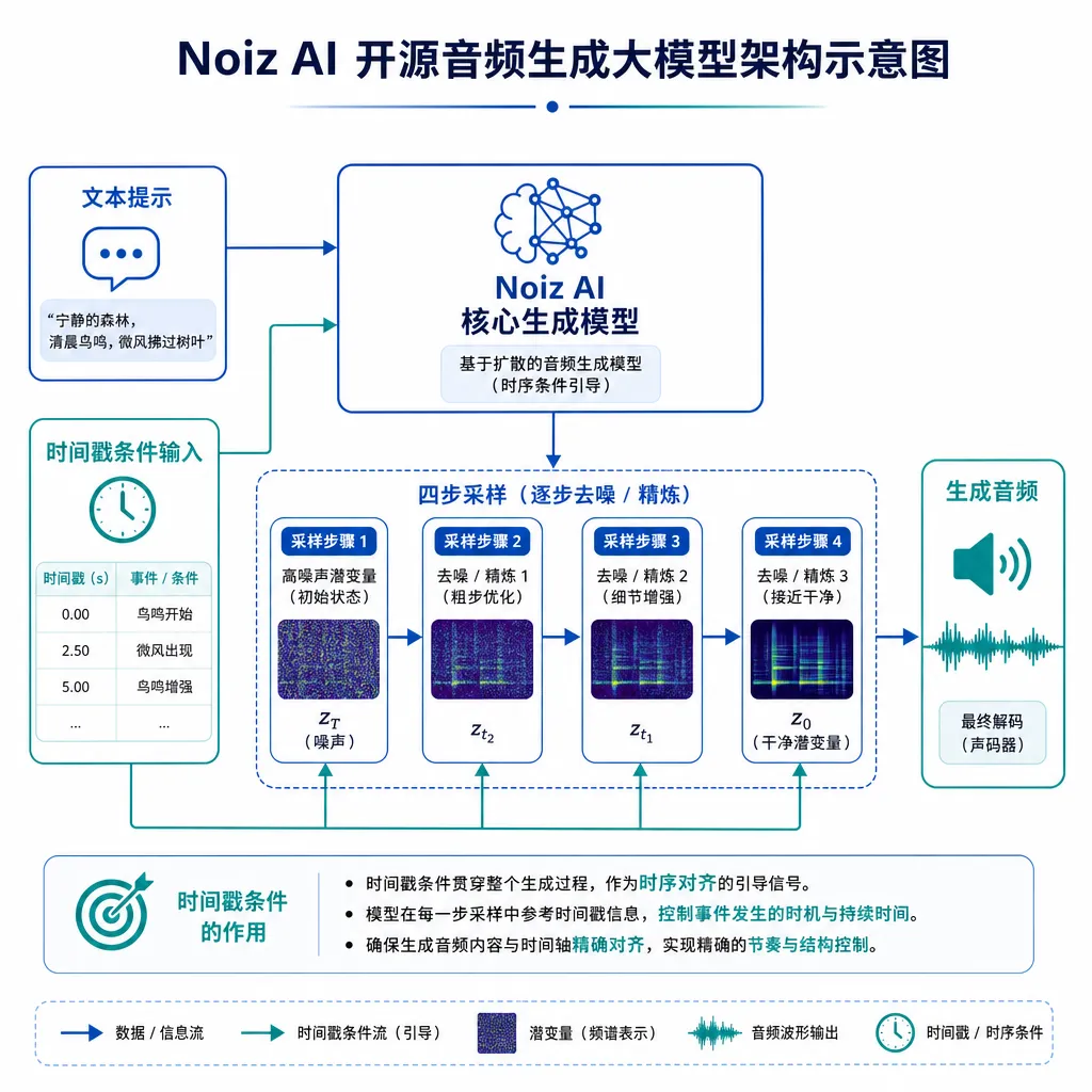 Noiz AI 开源音频生成大模型架构示意图,展示四步采样流程和时间戳条件输入