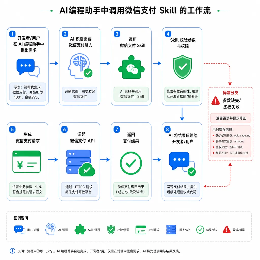 AI编程助手中调用微信支付Skill的工作流示意