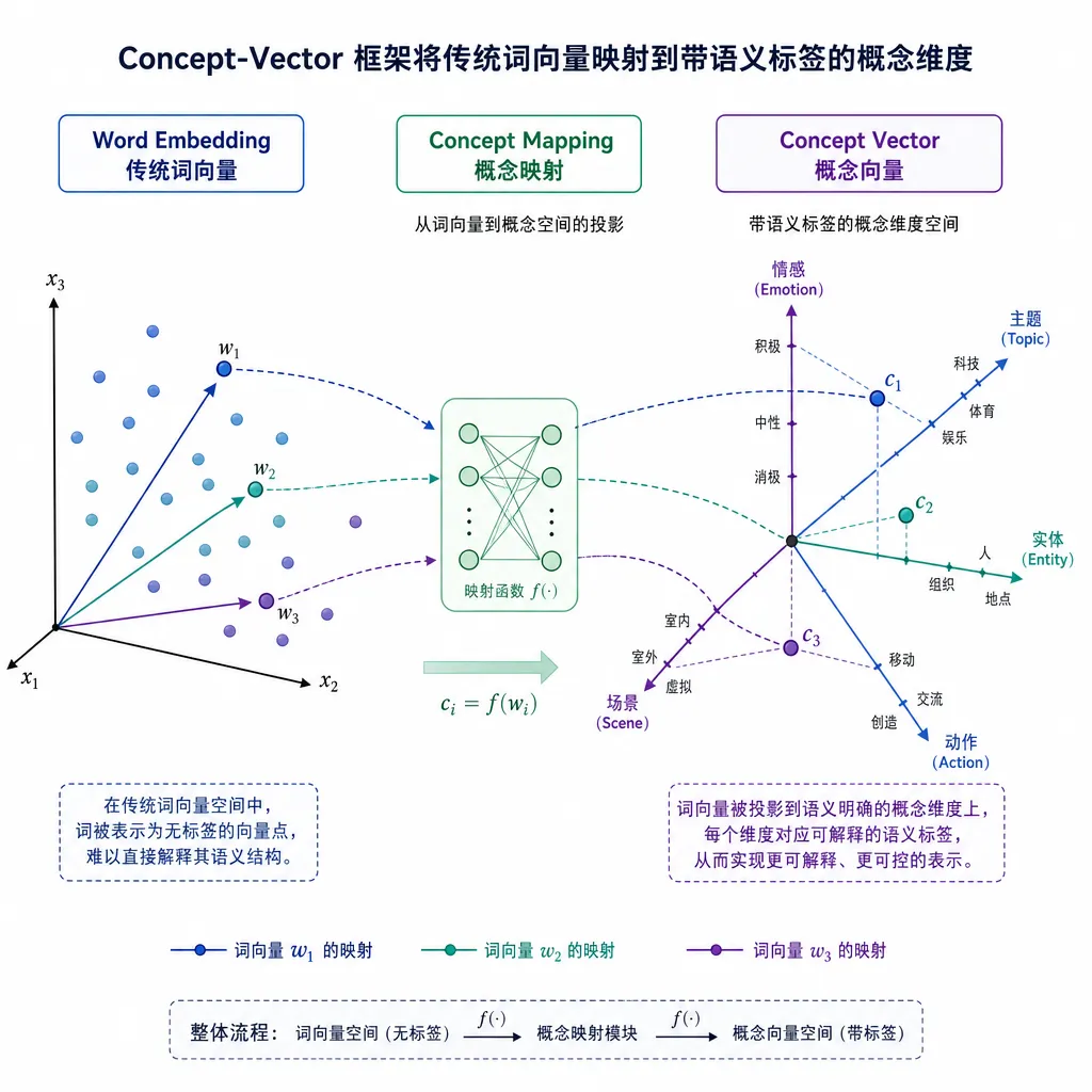 Concept-Vector 框架将传统词向量映射到带语义标签的概念维度示意图