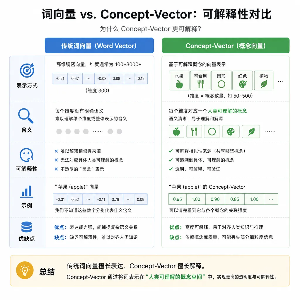 传统词向量与 Concept-Vector 在可解释性维度上的对比
