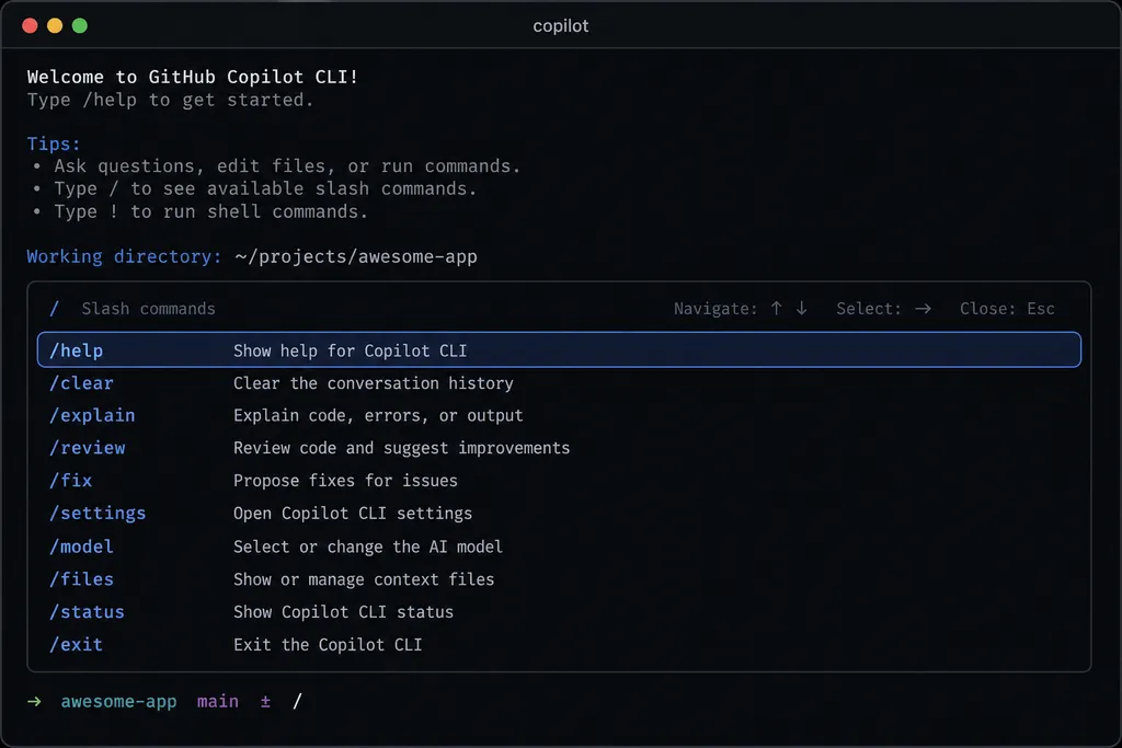 GitHub Copilot CLI 交互式终端会话界面,显示斜杠命令列表