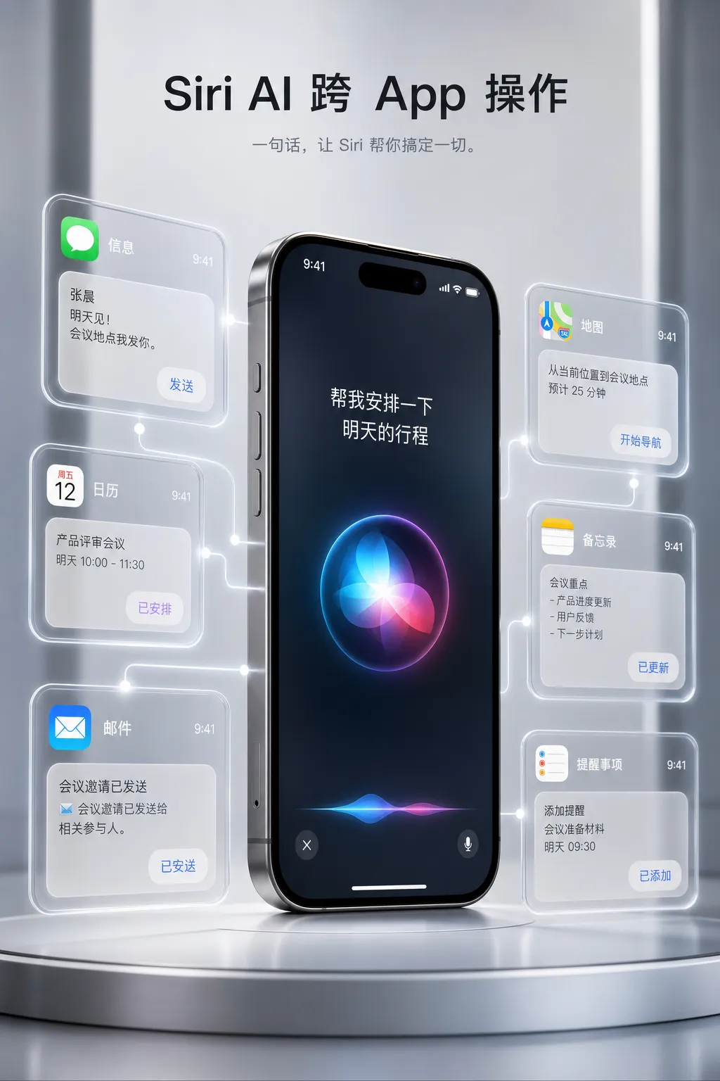 iPhone 17 Pro上展示Siri AI跨App操作的概念示意图