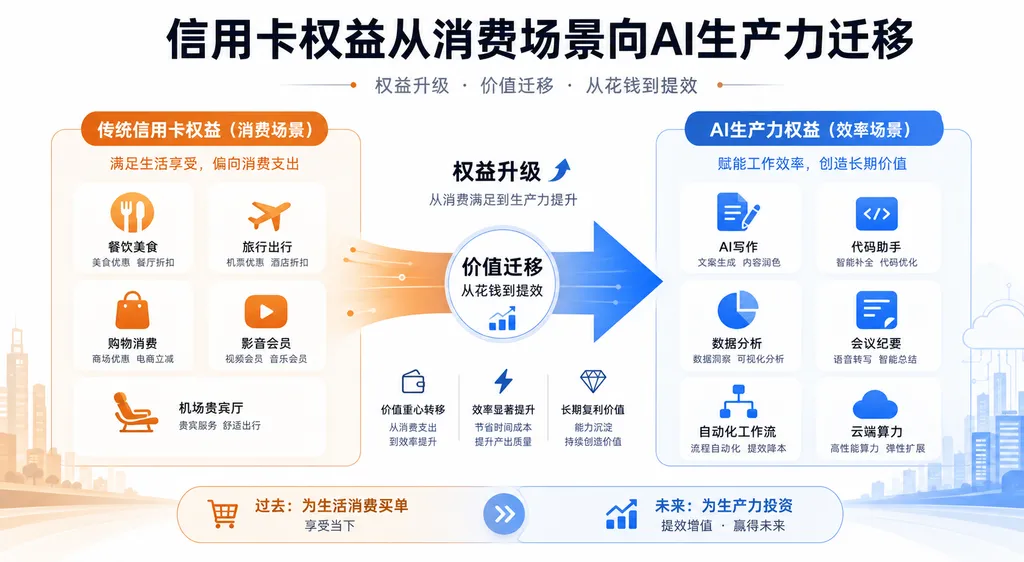 信用卡权益从消费场景向AI生产力迁移的对比示意