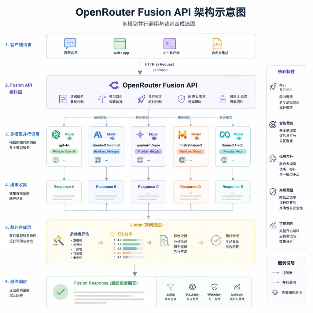 OpenRouter Fusion API 架构示意图,展示多模型并行调用与裁判合成流程