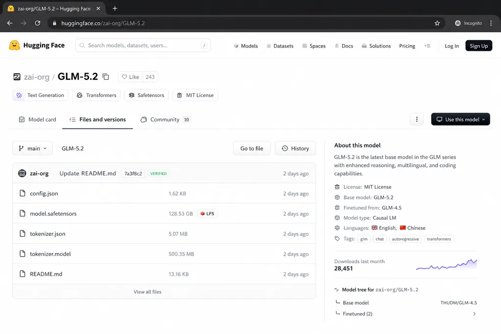 HuggingFace 上 zai-org/GLM-5.2 仓库截图,显示 MIT 协议与模型文件列表