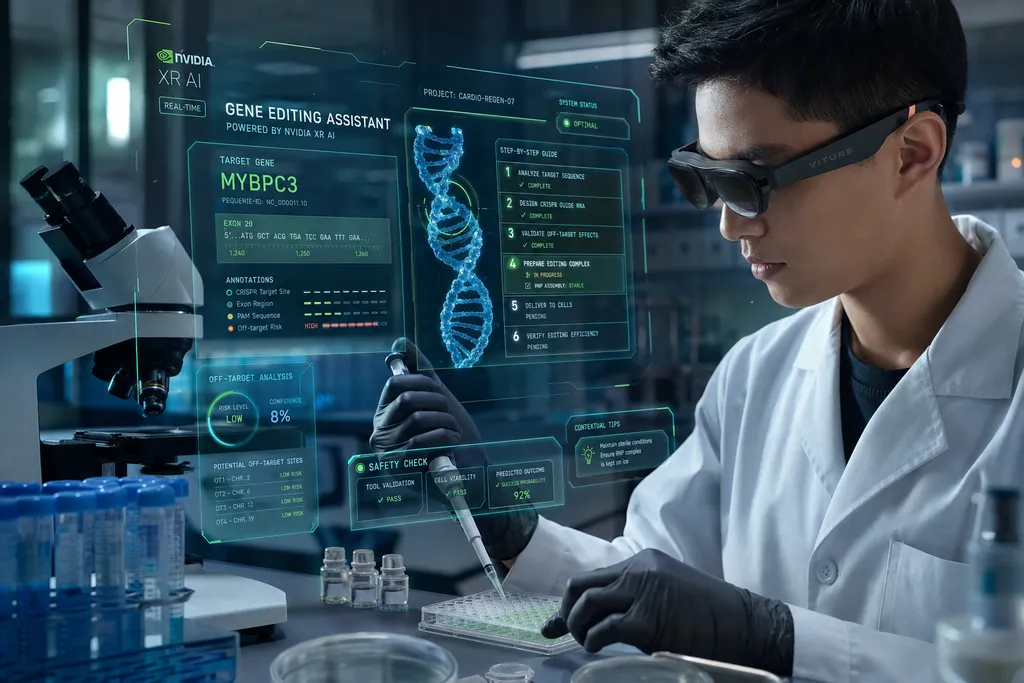 研究人员佩戴 VITURE AR 眼镜,画面叠加 NVIDIA XR AI 提供的实时基因编辑操作指引