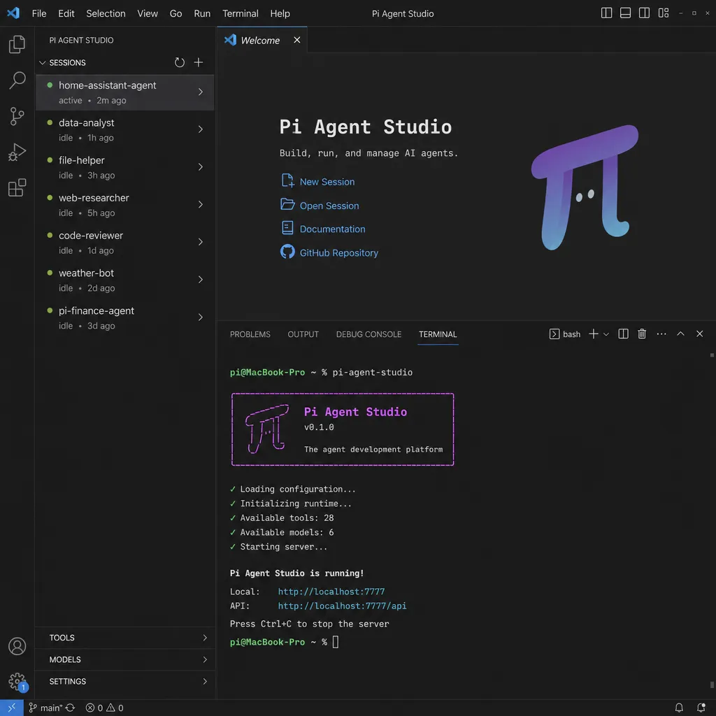 Pi Agent Studio 在 VS Code 终端中运行,侧边栏显示 Sessions 列表