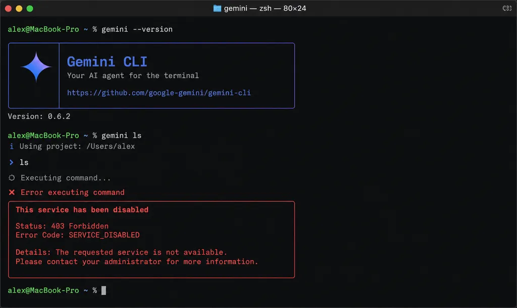 Gemini CLI 终端中显示 "This service has been disabled" 错误信息的截图