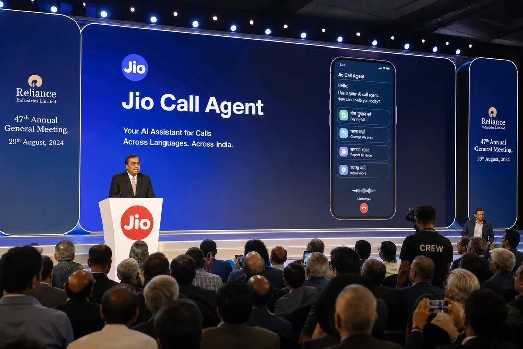 安巴尼在信实年度股东大会上发布 Jio Call Agent 的现场画面
