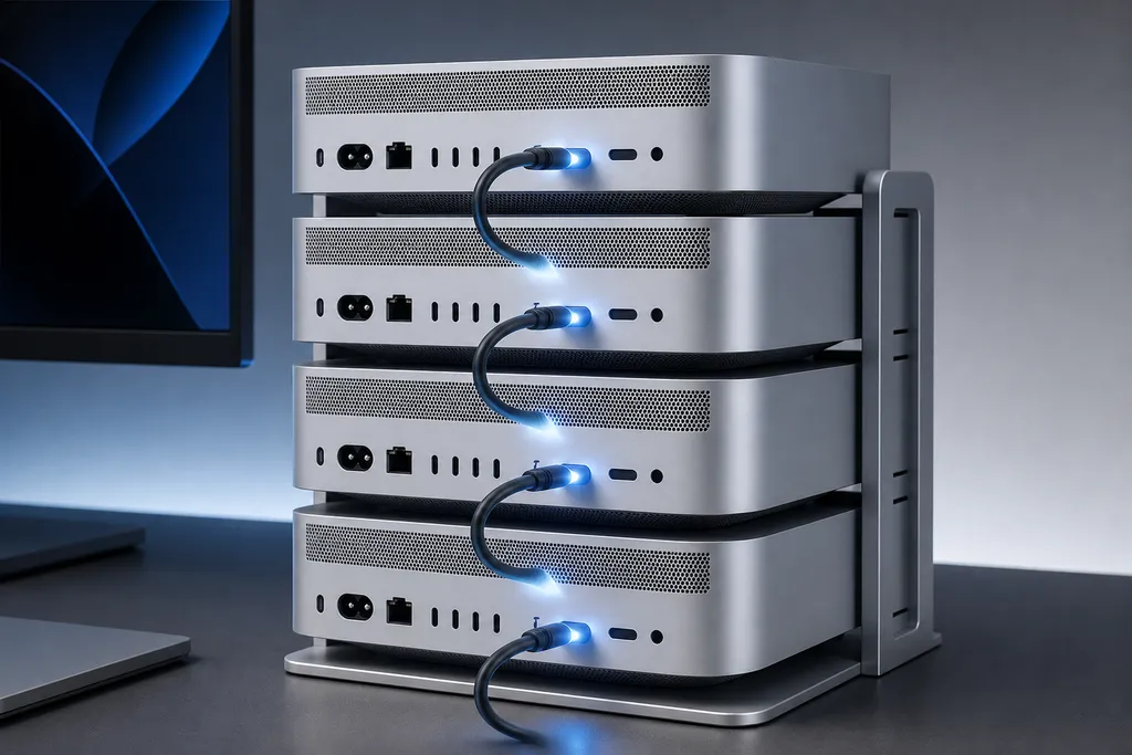 四台Mac Studio堆叠组成的本地集群,连接Thunderbolt 5线缆