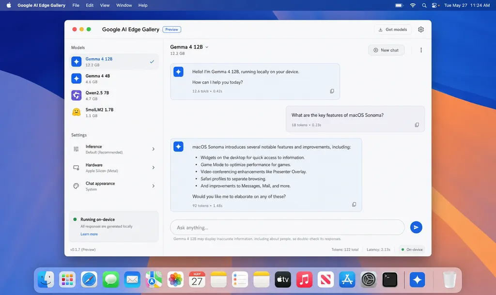 Google AI Edge Gallery 在 macOS 上运行 Gemma 4 12B 的界面截图