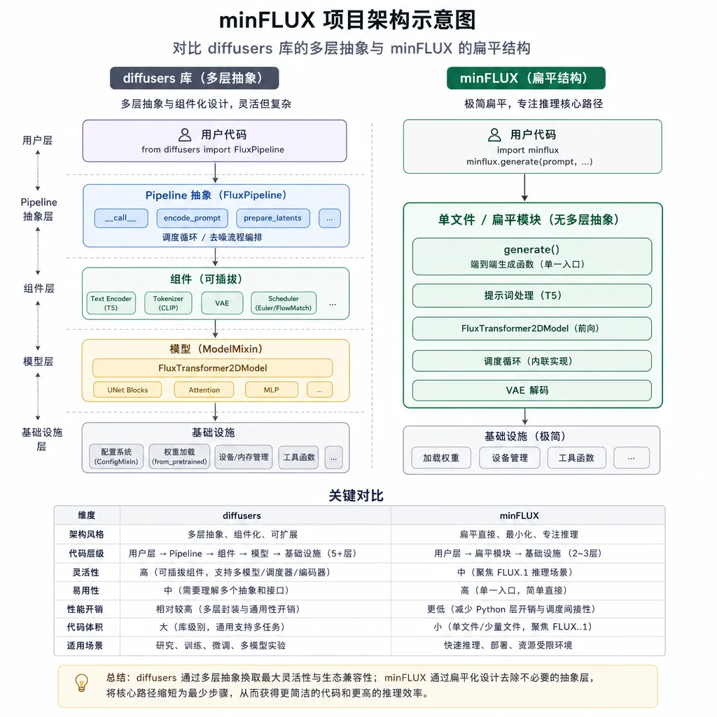 minFLUX 项目架构示意图,对比 diffusers 库的多层抽象与 minFLUX 的扁平结构