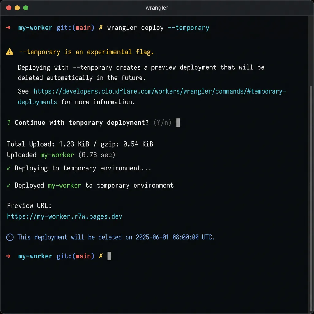 Cloudflare Wrangler CLI 中提示 --temporary 标志的截图