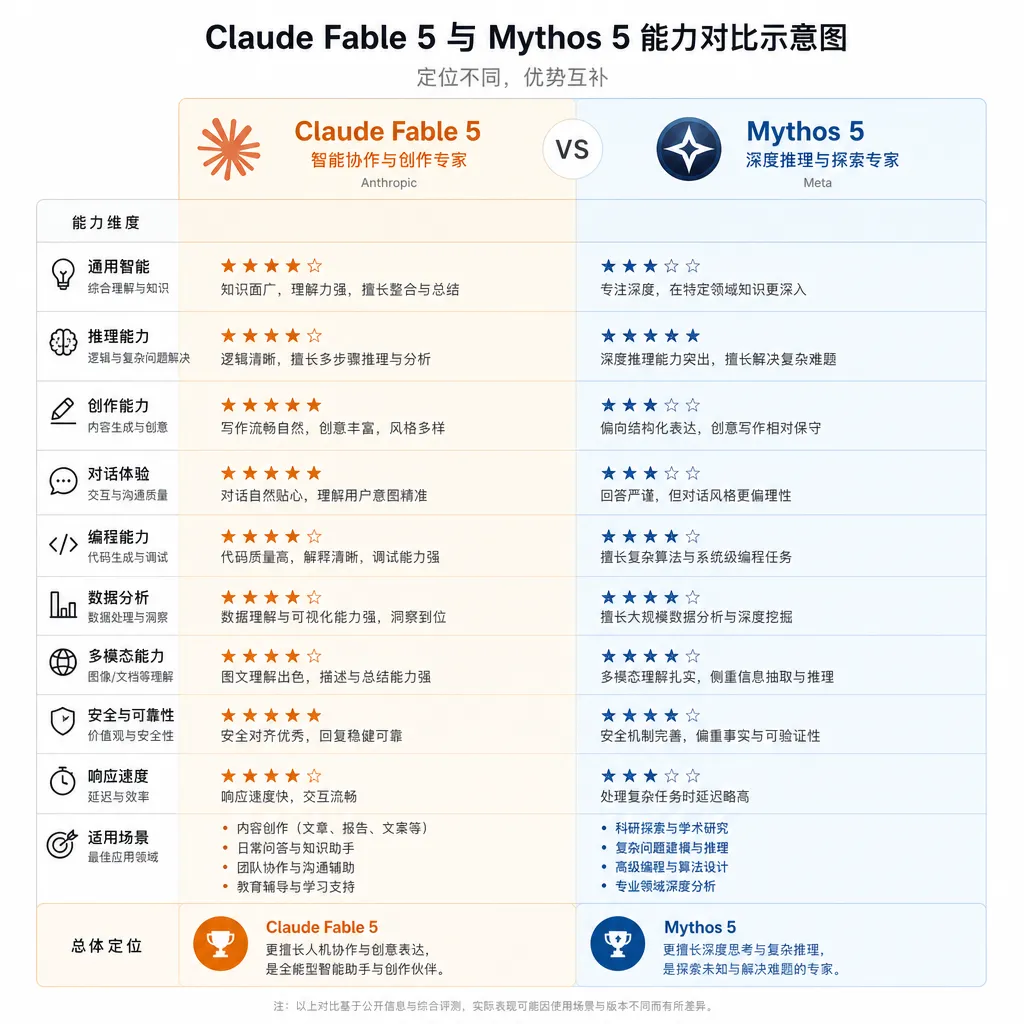Claude Fable 5 与 Mythos 5 能力对比示意图