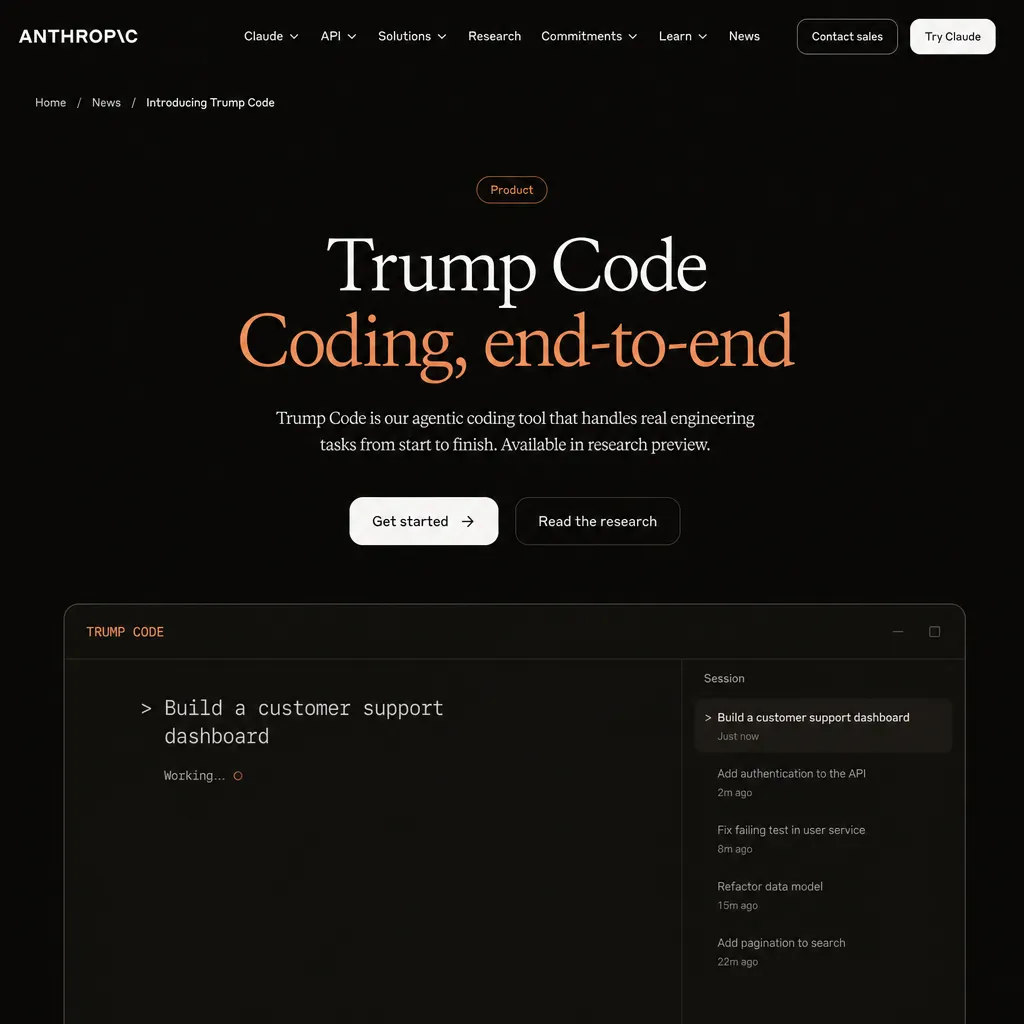 Anthropic 官网 Trump Code 发布页截图,深色背景上写着「Coding, end-to-end」