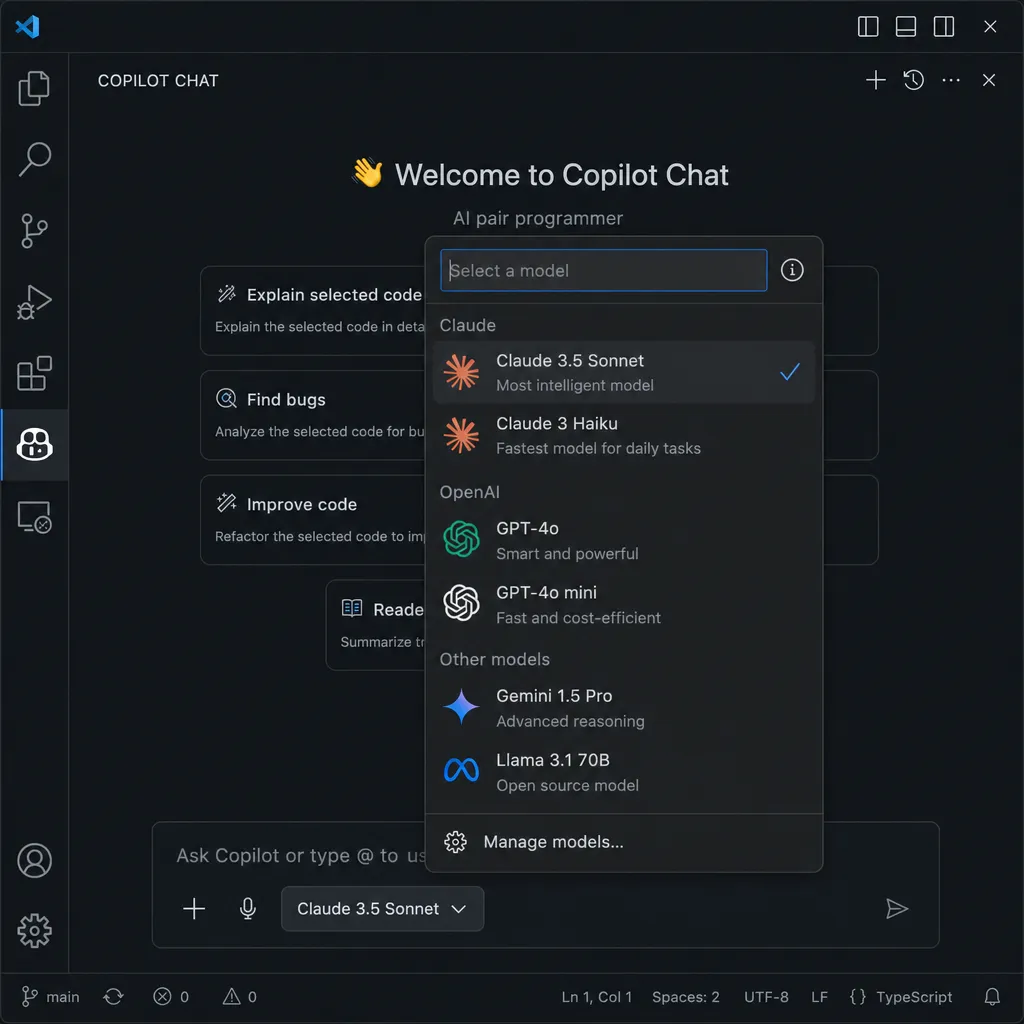 VSCode Copilot Chat 模型选择器界面,显示多个可用模型选项