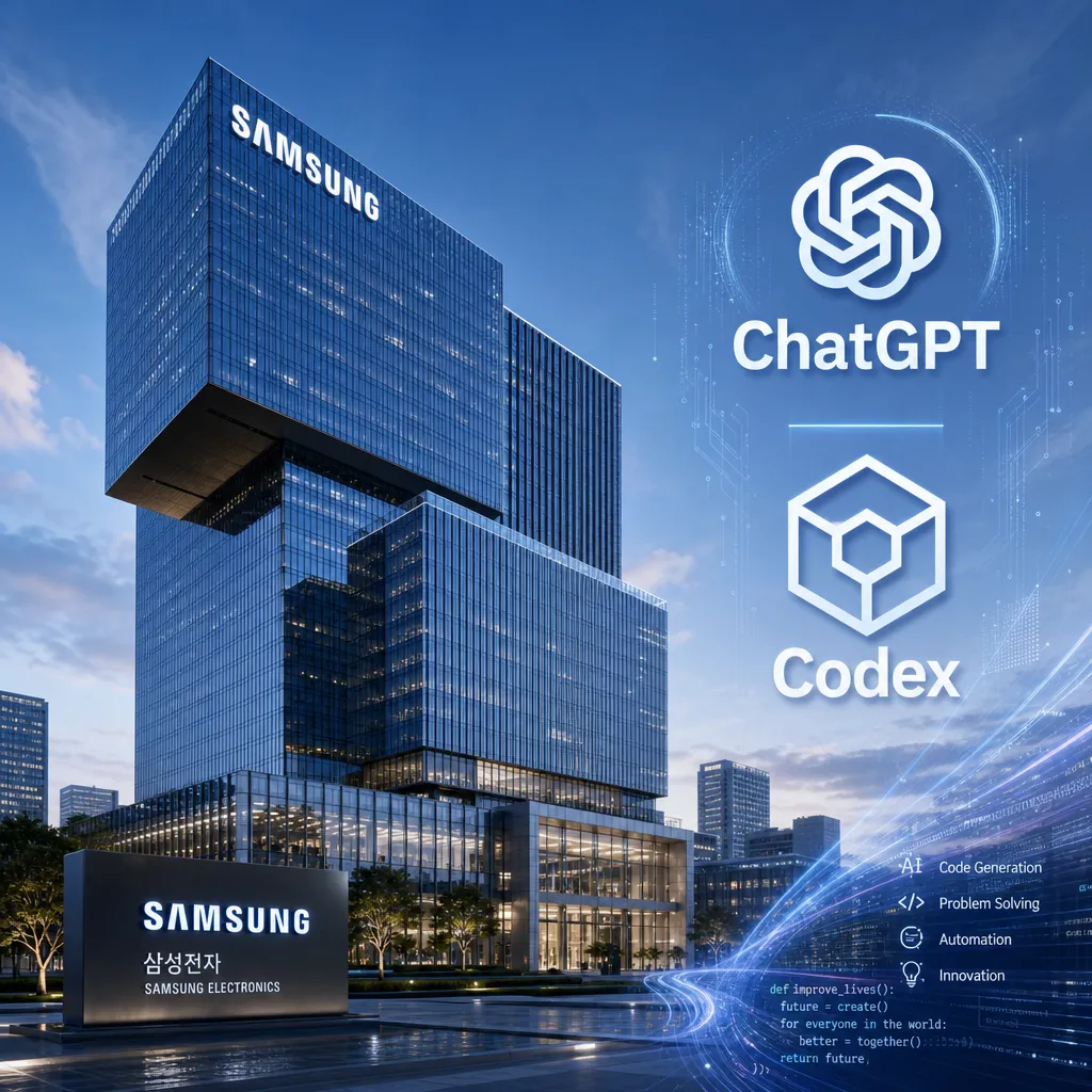 三星电子总部大楼与 ChatGPT、Codex 标识合成图