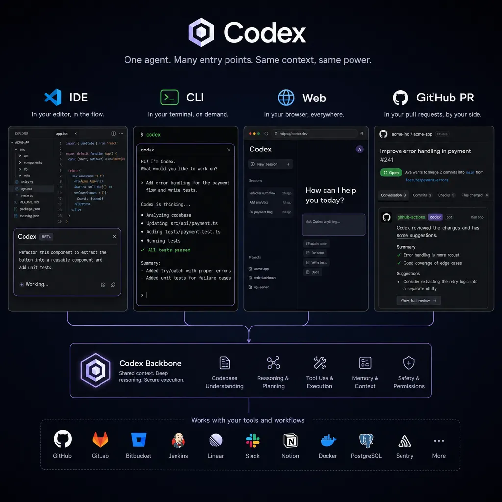 Codex 在 IDE、CLI、Web、GitHub PR 等多端入口的示意图