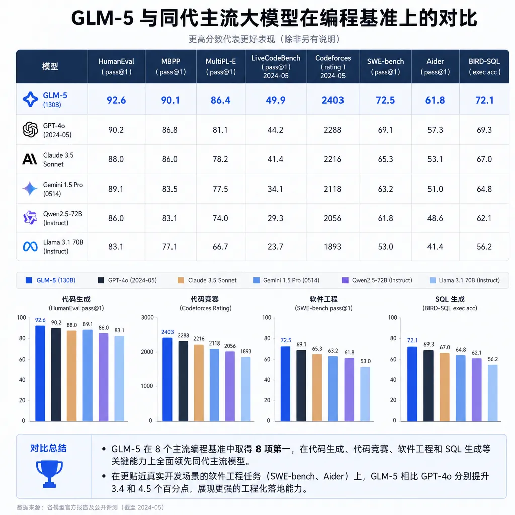 GLM-5与同代主流大模型在编程基准上的对比