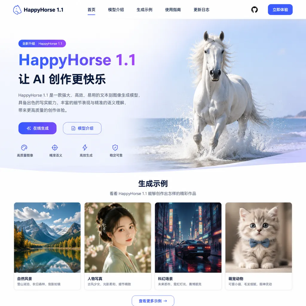 HappyHorse 1.1 官网首页与生成示例