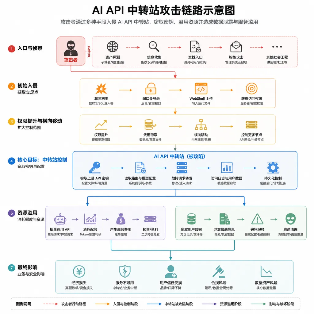 AI API 中转站攻击链路示意图