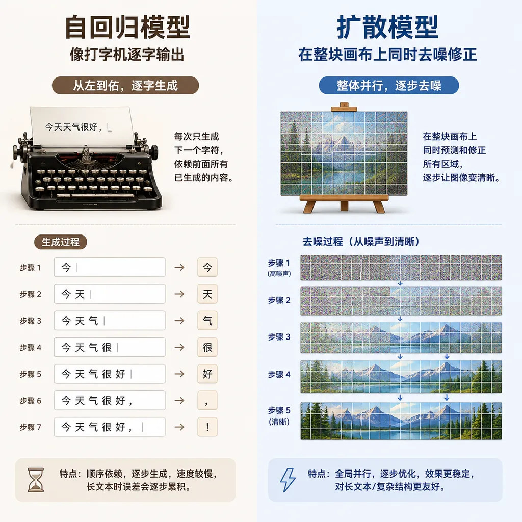 左右对比图——左边自回归模型像打字机逐字输出,右边扩散模型在整块画布上同时去噪修正