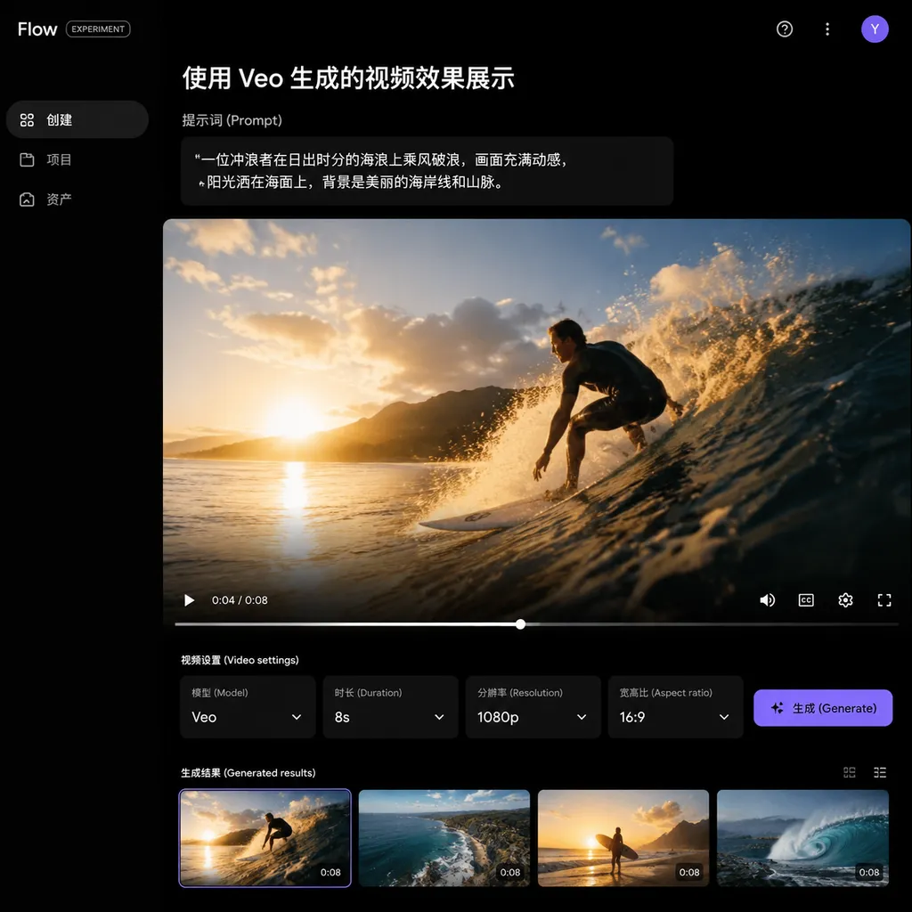 Google Flow 或 Veo 生成视频的效果展示截图