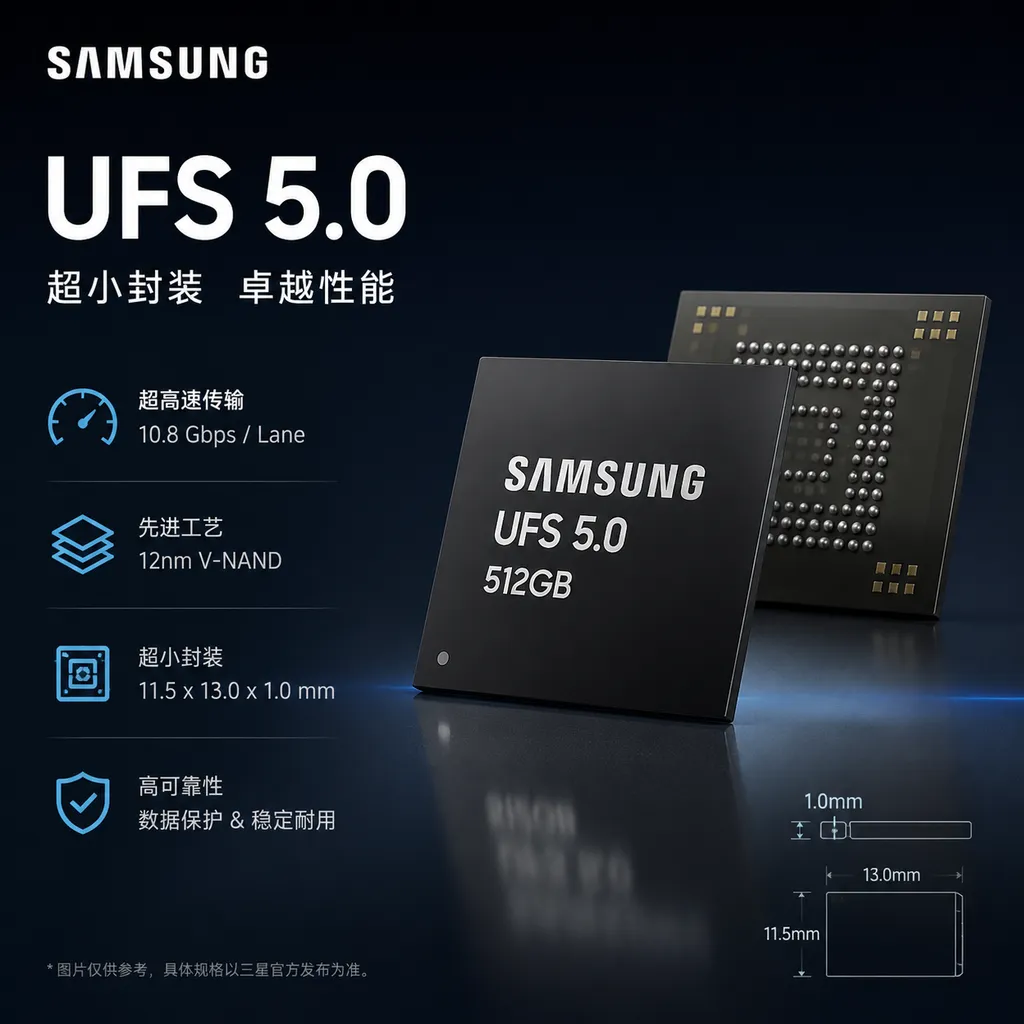 三星UFS 5.0芯片产品图,超小封装规格