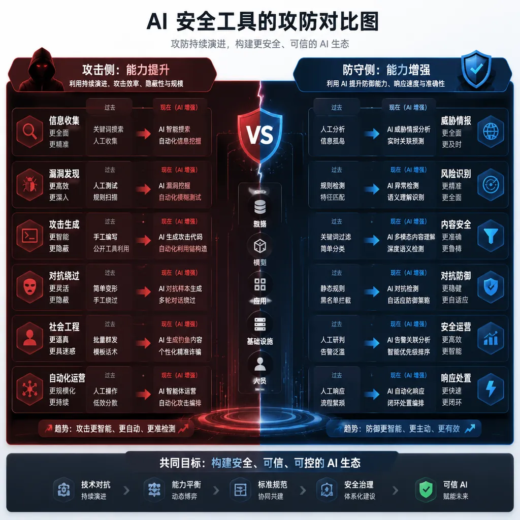 AI 安全工具的攻防对比图,左侧展示攻击侧能力提升,右侧展示防守侧能力增强