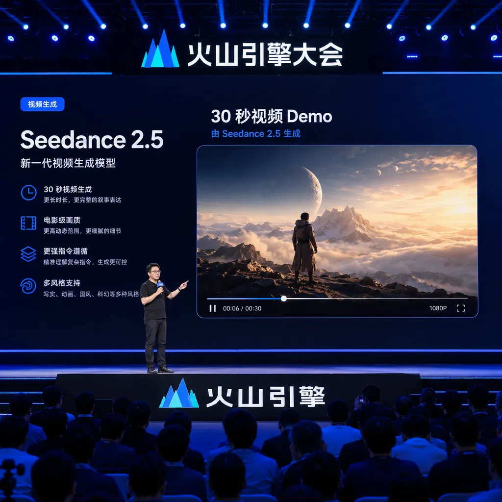 火山引擎大会现场,谭待展示 Seedance 2.5 生成的 30 秒视频 Demo
