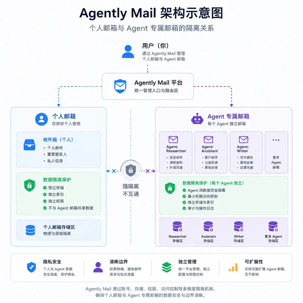 Agently Mail 架构示意图,展示个人邮箱与 Agent 专属邮箱的隔离关系