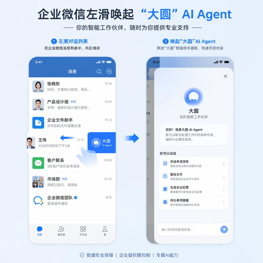 企业微信左滑唤起"大圆"AI Agent 的交互界面演示
