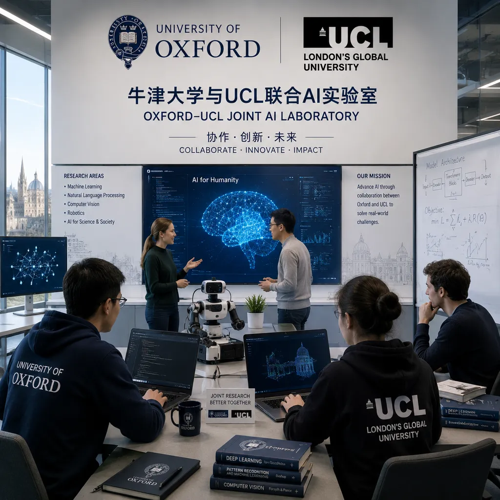 牛津大学与UCL联合AI实验室概念图,展示两校协作研发场景