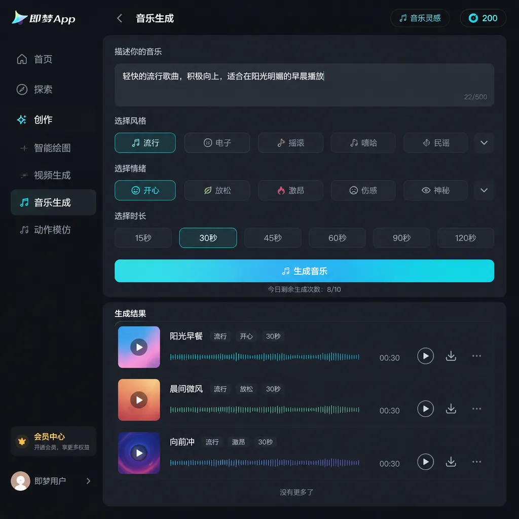 即梦App音乐生成模块界面截图