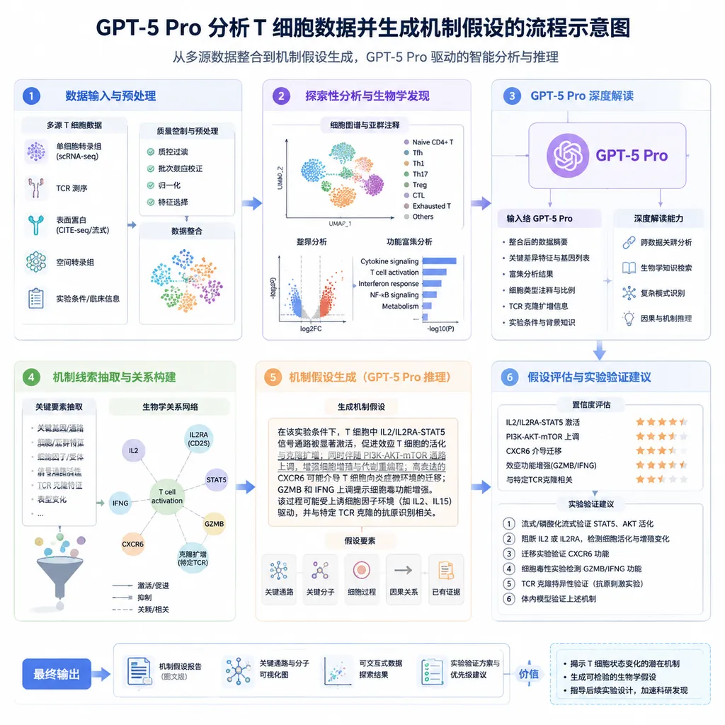 GPT-5 Pro 分析 T 细胞数据并生成机制假设的流程示意图