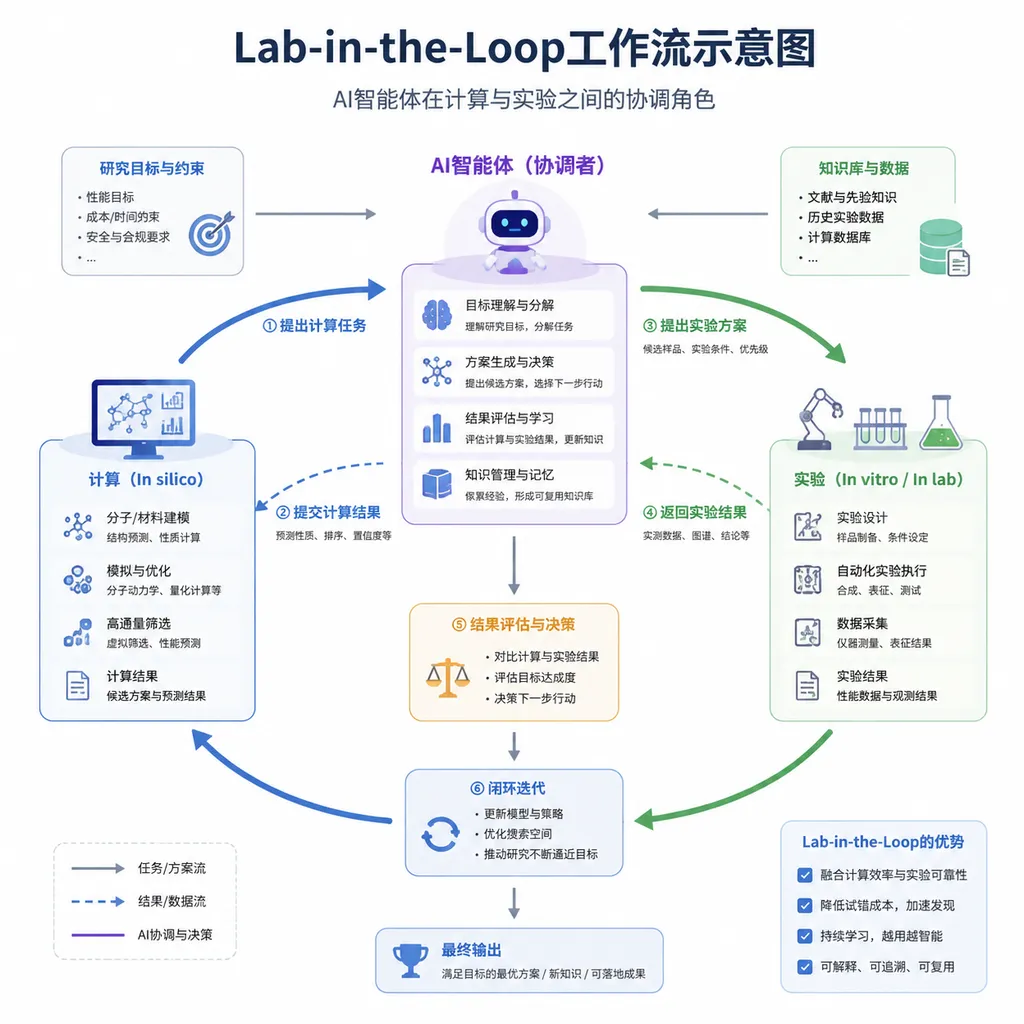 Lab-in-the-Loop工作流示意图,展示AI智能体在计算与实验之间的协调角色