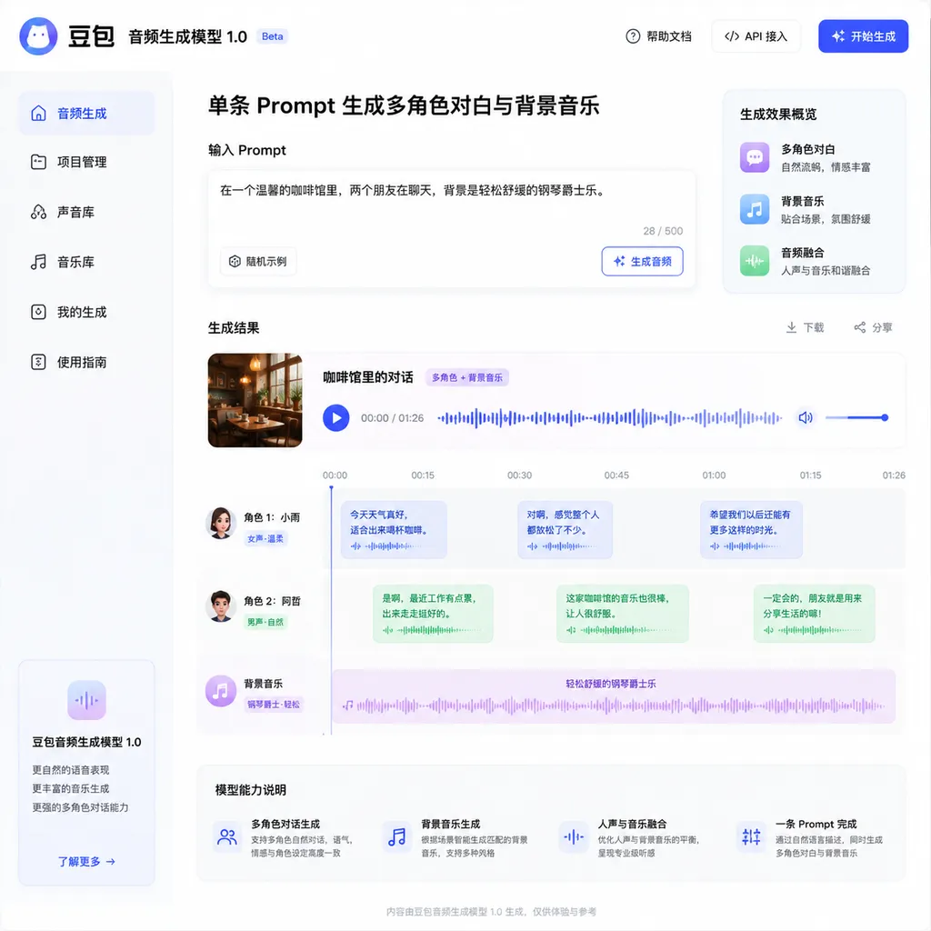 豆包音频生成模型1.0产品界面,展示单条Prompt生成多角色对白与背景音乐的效果