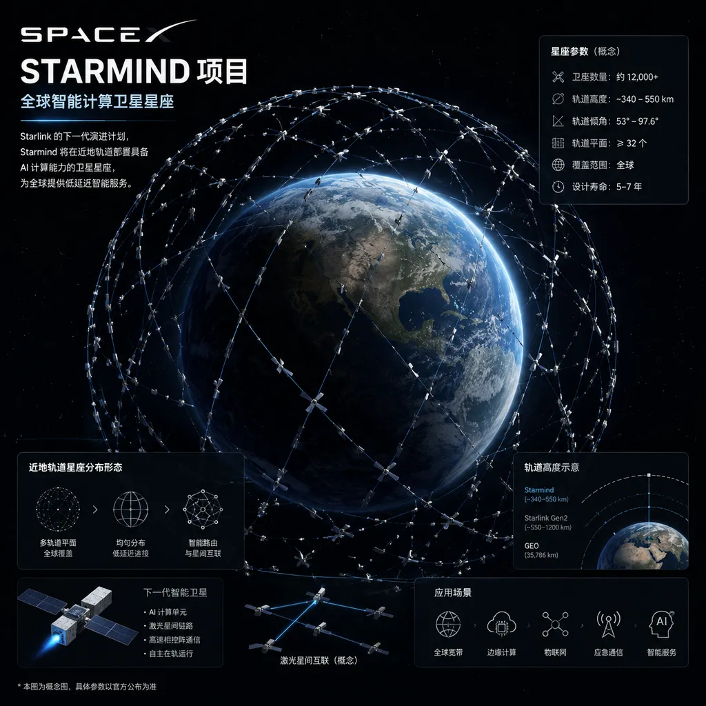 SpaceX Starmind项目概念图,展示卫星星座在近地轨道的分布形态