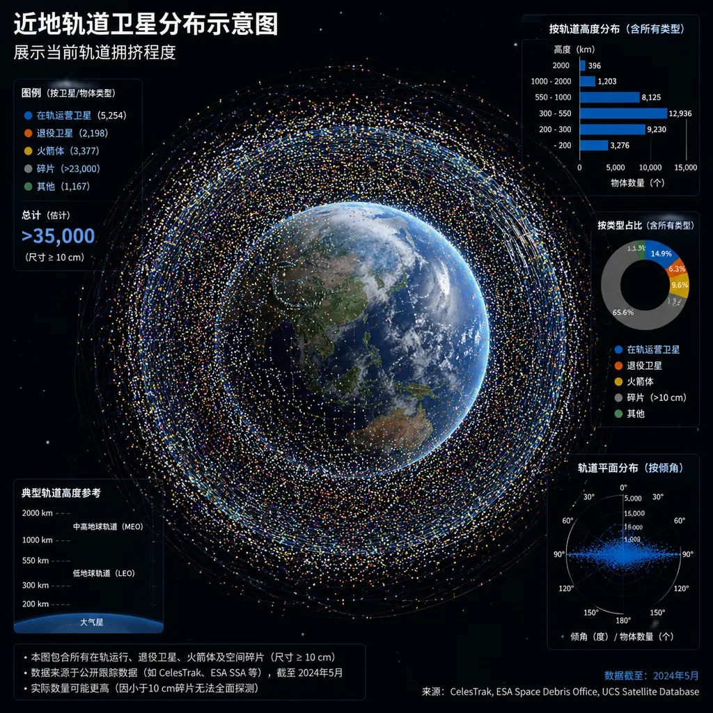 近地轨道卫星分布示意图,展示当前轨道拥挤程度