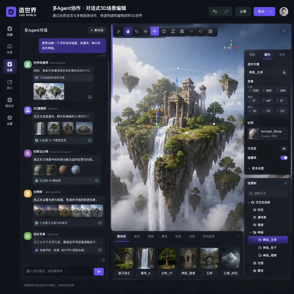 造世界产品界面示意图,展示多Agent对话与3D场景编辑功能