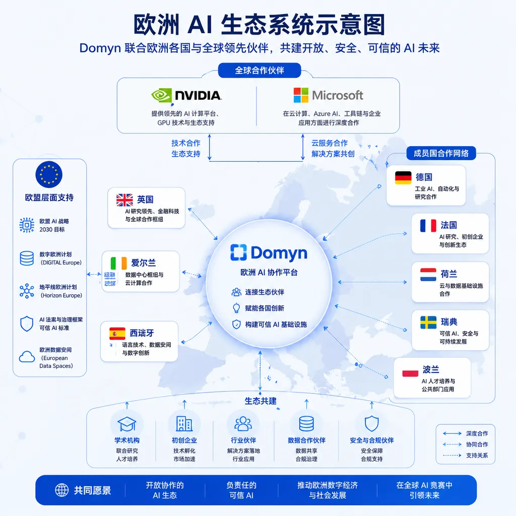 欧洲 AI 生态系统示意图,展示 Domyn 与各成员国、NVIDIA、微软等合作伙伴的关系