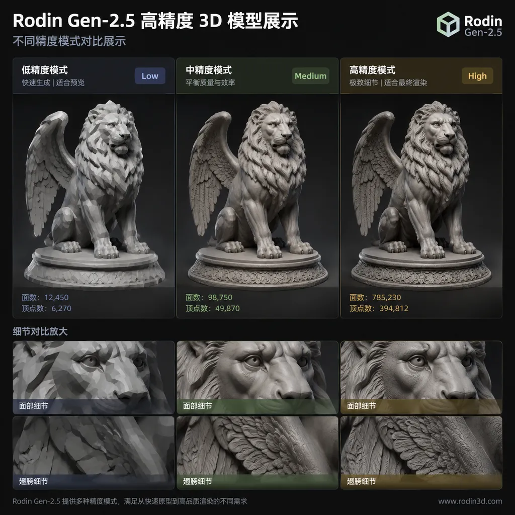 Rodin Gen-2.5生成的高精度3D模型展示,对比展示不同精度模式的效果差异