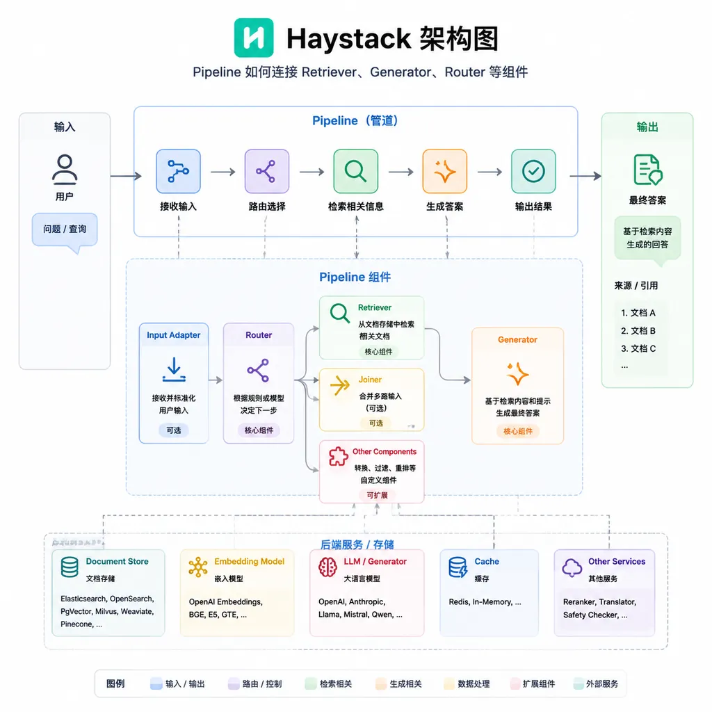 Haystack 架构图,展示 Pipeline 如何连接 Retriever、Generator、Router 等组件