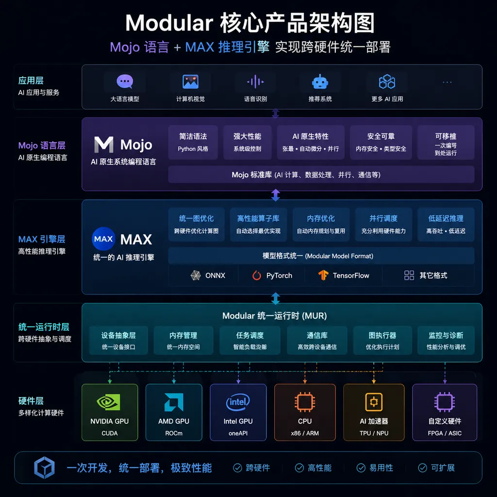 Modular核心产品架构图,展示Mojo语言和MAX推理引擎如何实现跨硬件统一部署
