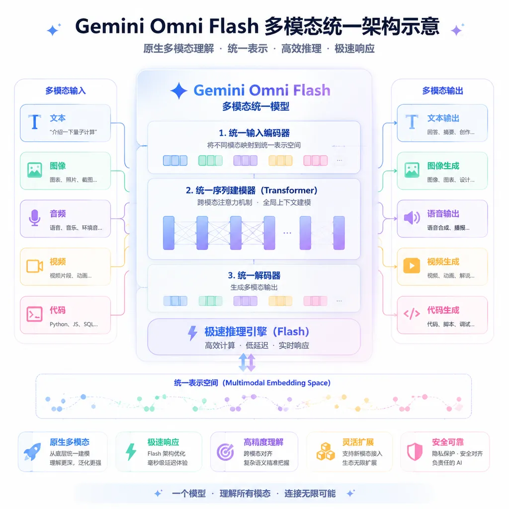Gemini Omni Flash 多模态统一架构示意