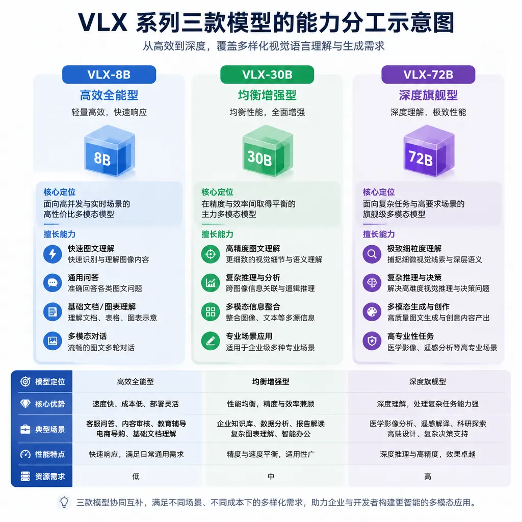 VLX 系列三款模型的能力分工示意图