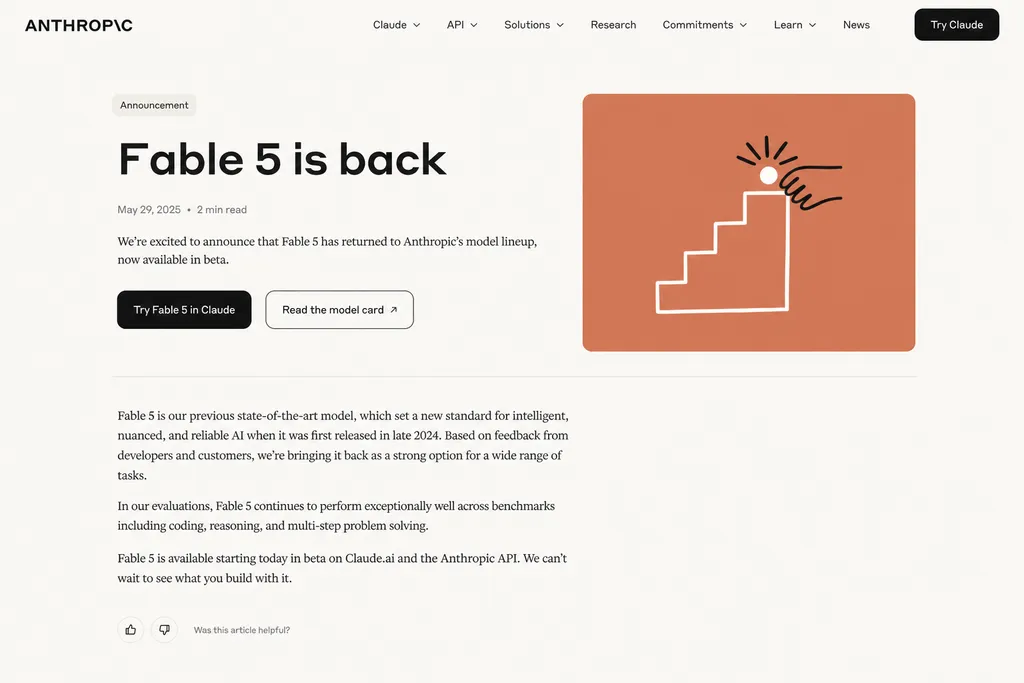 Anthropic 官网 Fable 5 重新上线公告页面截图