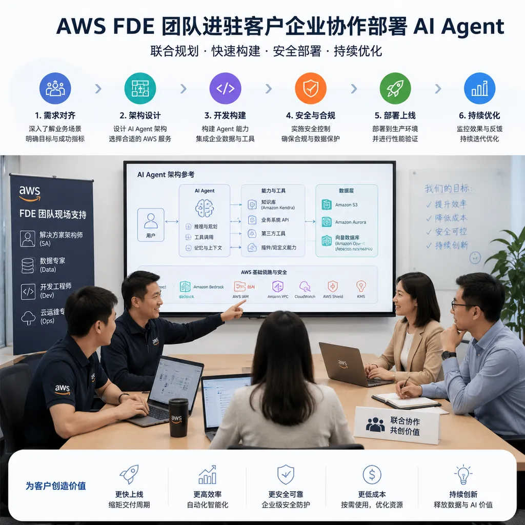 AWS FDE 团队进驻客户企业协作部署 AI Agent 示意